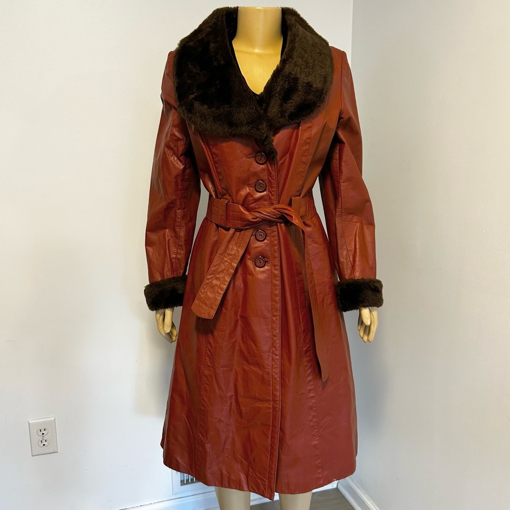 Wilsons Leather Rust Brown Faux Fur Collar Trench Coat
